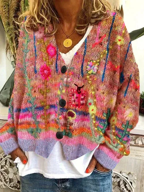 Naomie | Women Floral Colored Loose Cardigan | Three Button Front
