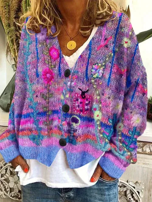 Naomie | Women Floral Colored Loose Cardigan | Three Button Front