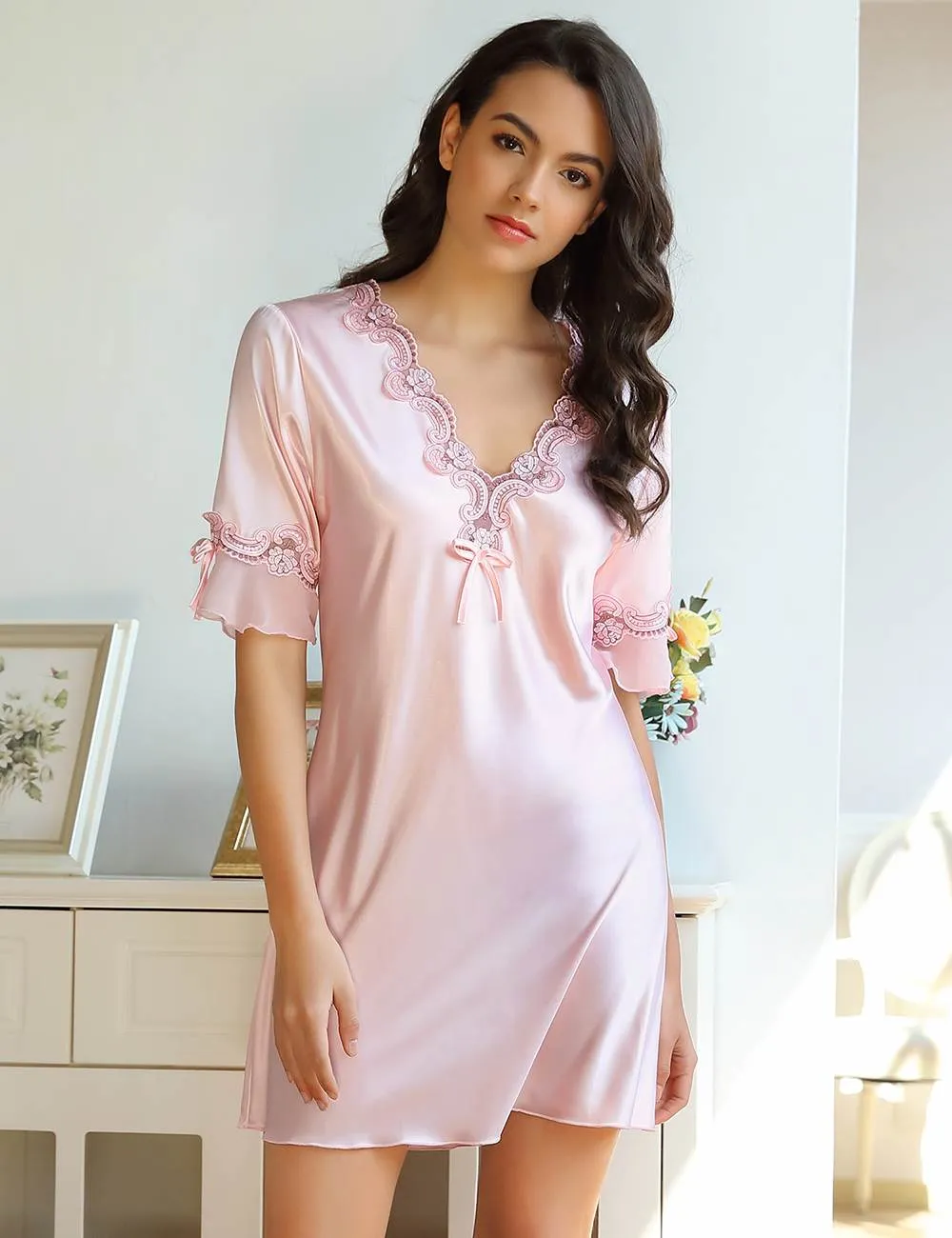 New Fashionable Silk Embroidery Casual Nightdress