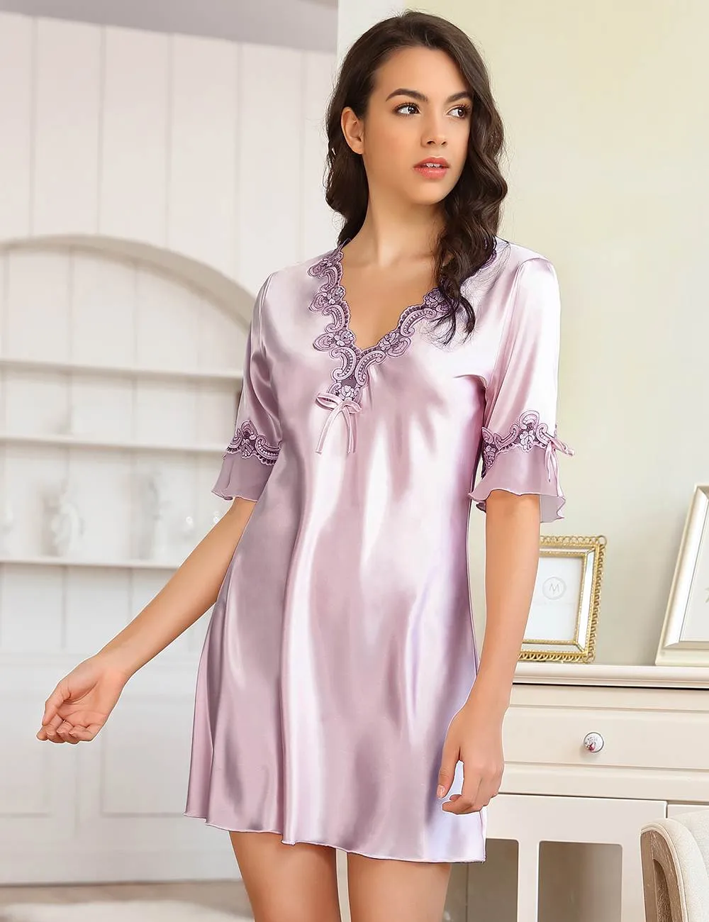 New Fashionable Silk Embroidery Casual Nightdress