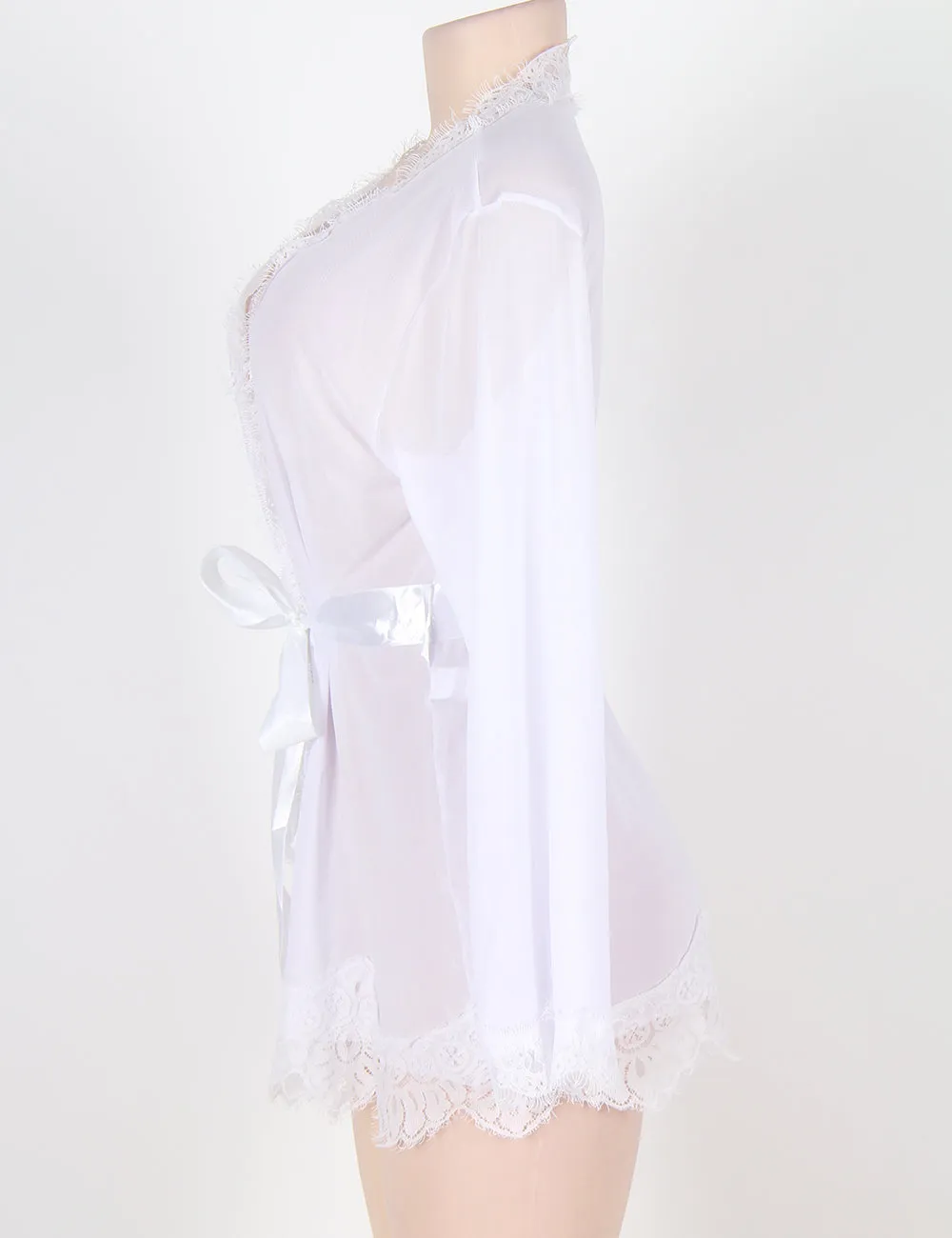 New Sheer Lace Trim Purple & Red & Black & White & Pink Robe With Thong