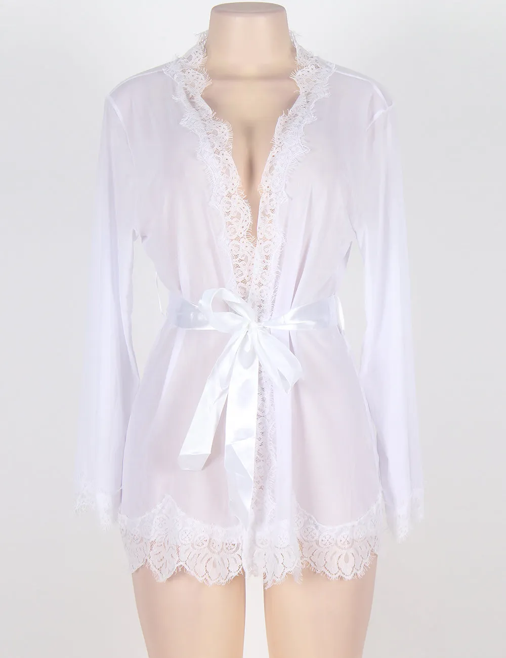 New Sheer Lace Trim Purple & Red & Black & White & Pink Robe With Thong
