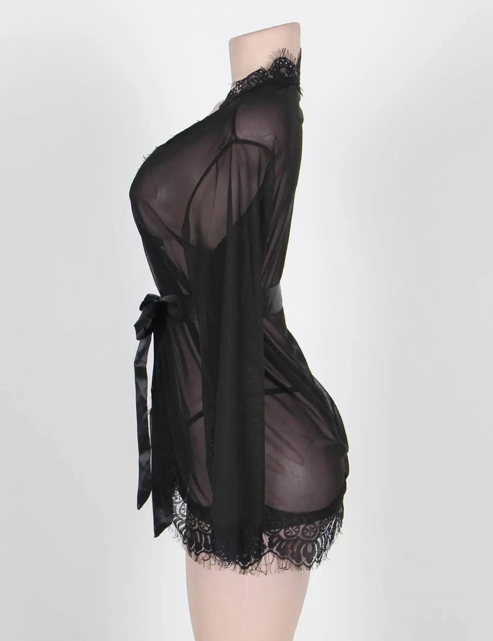 New Sheer Lace Trim Purple & Red & Black & White & Pink Robe With Thong