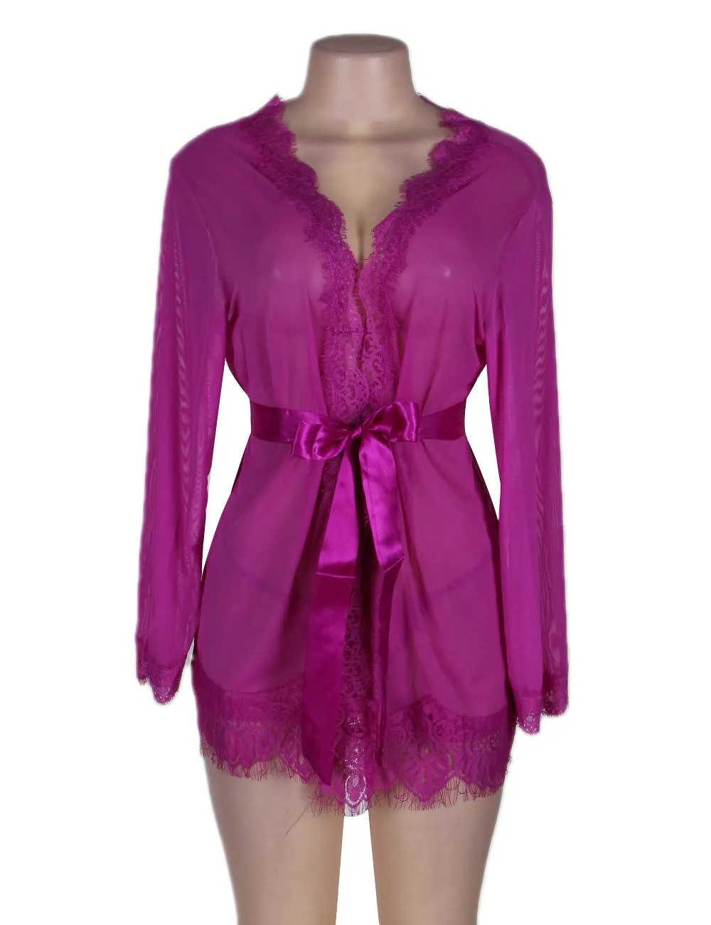 New Sheer Lace Trim Purple & Red & Black & White & Pink Robe With Thong