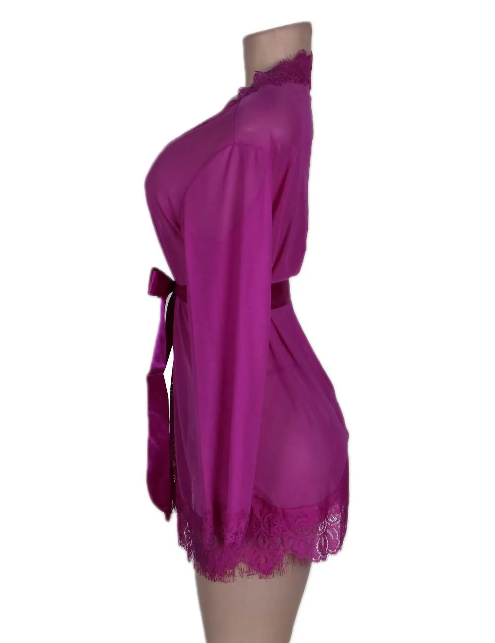New Sheer Lace Trim Purple & Red & Black & White & Pink Robe With Thong