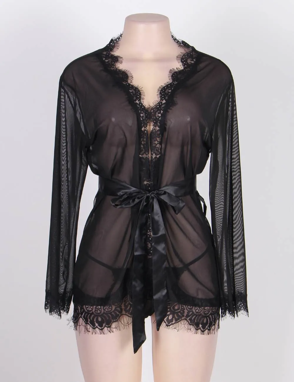New Sheer Lace Trim Purple & Red & Black & White & Pink Robe With Thong