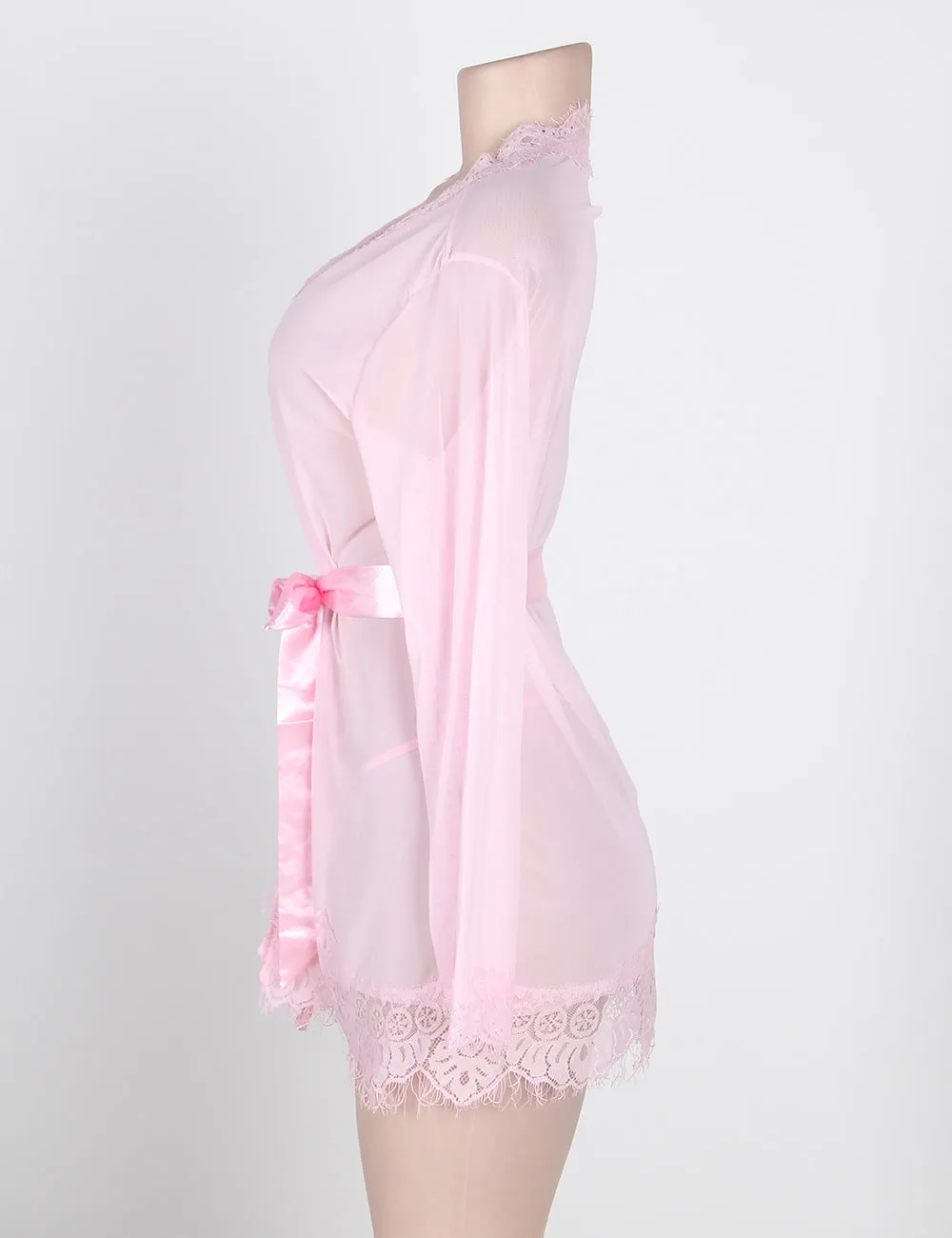 New Sheer Lace Trim Purple & Red & Black & White & Pink Robe With Thong