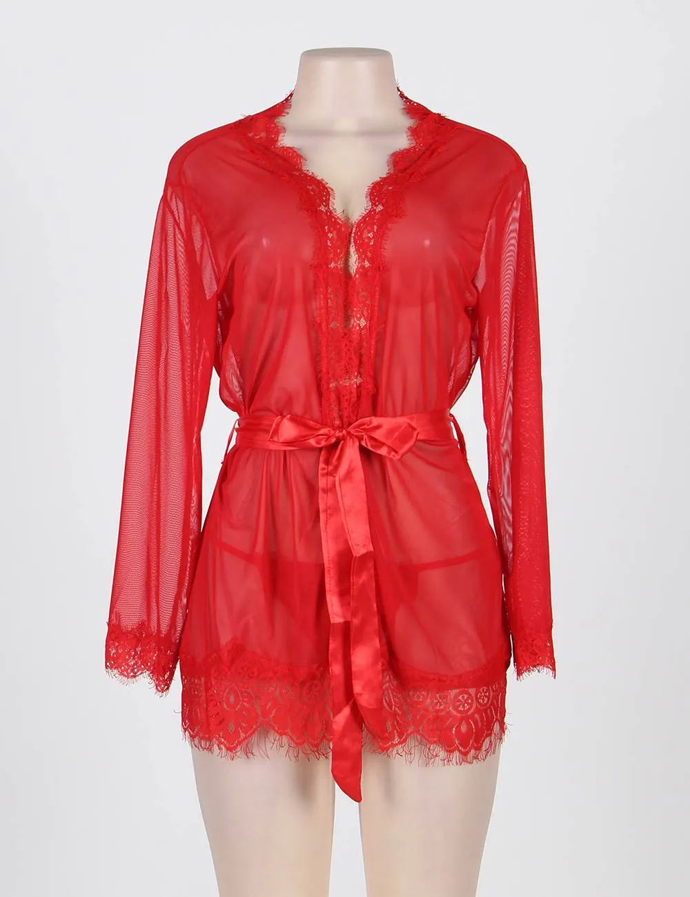 New Sheer Lace Trim Purple & Red & Black & White & Pink Robe With Thong