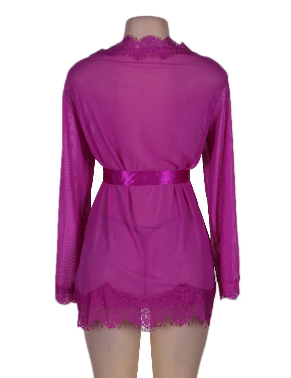 New Sheer Lace Trim Purple & Red & Black & White & Pink Robe With Thong