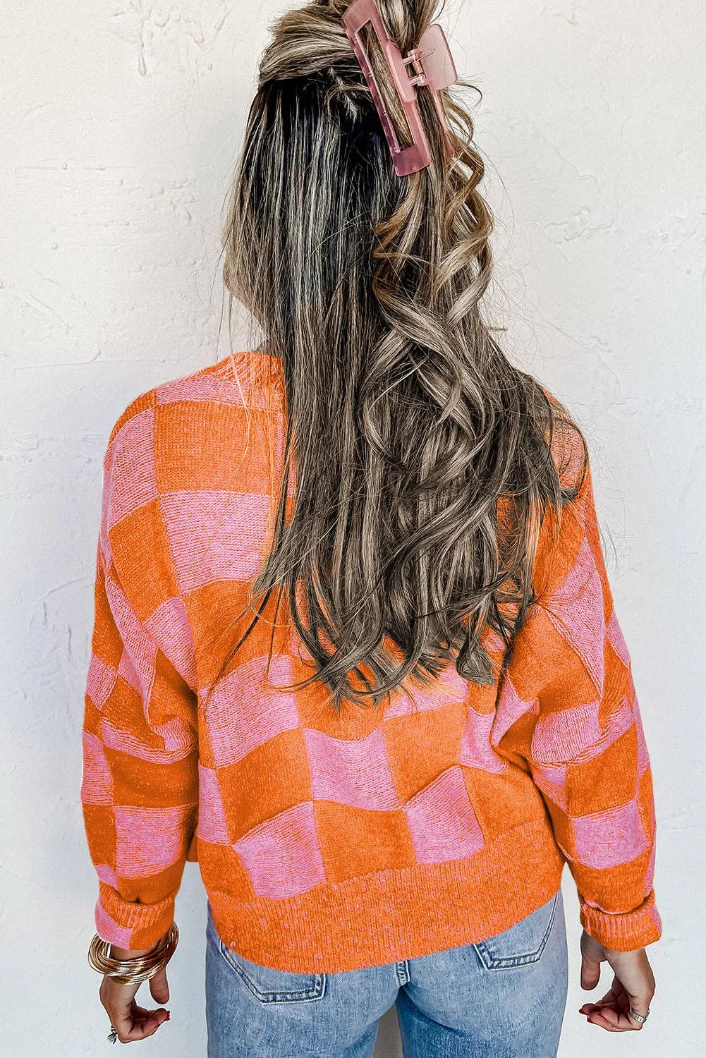 Orange Checkered Drop Shoulder Cardigan