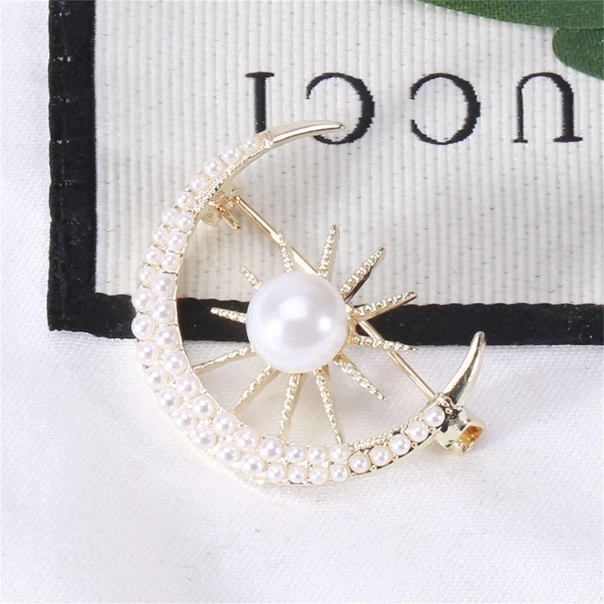Pearl & 18K Gold-Plated Sun & Moon Brooch