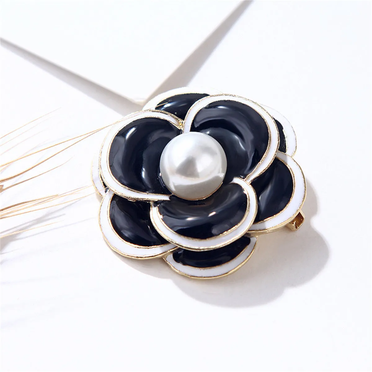 Pearl & Black Enamel 18K Gold-Plated Flower Brooch