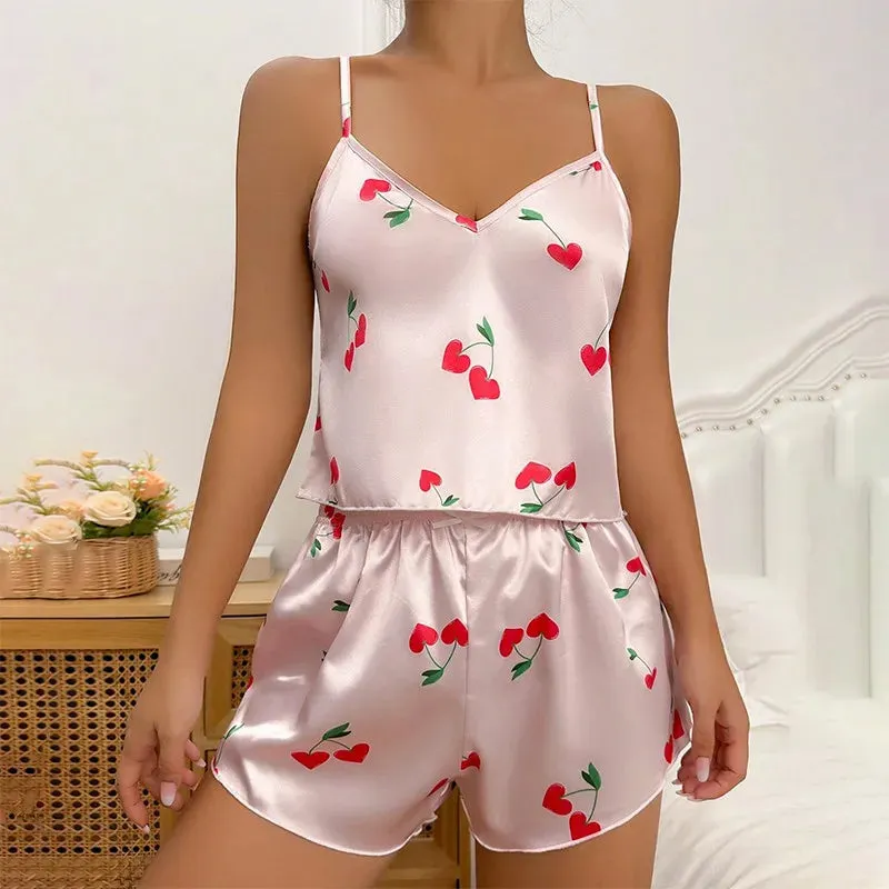 Print Pyjamas Set Womens 2 Pieces Sleepwear Silk Satin Cami Top Shorts Pajamas Summer Pajamas Set