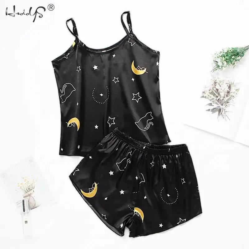 Print Pyjamas Set Womens 2 Pieces Sleepwear Silk Satin Cami Top Shorts Pajamas Summer Pajamas Set