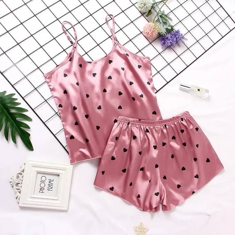 Print Pyjamas Set Womens 2 Pieces Sleepwear Silk Satin Cami Top Shorts Pajamas Summer Pajamas Set