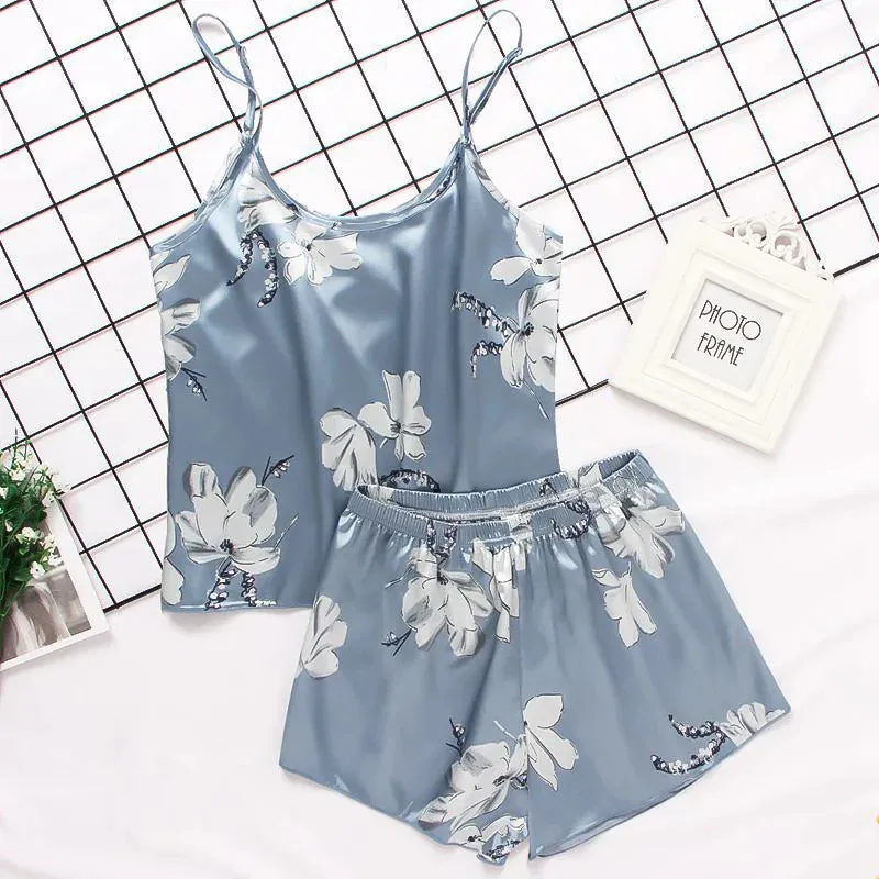 Print Pyjamas Set Womens 2 Pieces Sleepwear Silk Satin Cami Top Shorts Pajamas Summer Pajamas Set