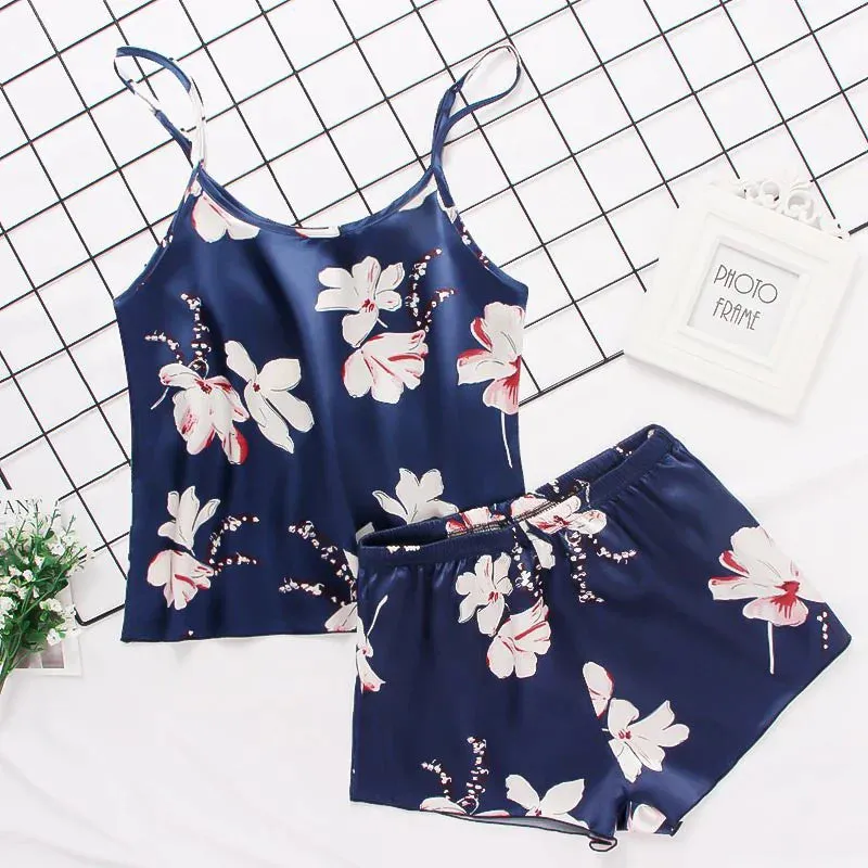 Print Pyjamas Set Womens 2 Pieces Sleepwear Silk Satin Cami Top Shorts Pajamas Summer Pajamas Set