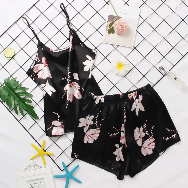 Print Pyjamas Set Womens 2 Pieces Sleepwear Silk Satin Cami Top Shorts Pajamas Summer Pajamas Set