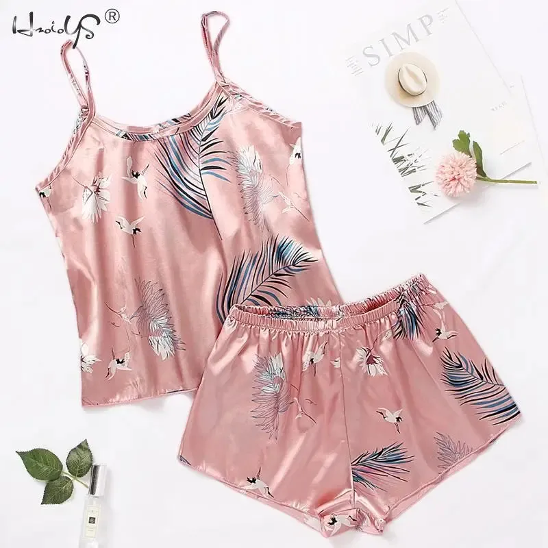 Print Pyjamas Set Womens 2 Pieces Sleepwear Silk Satin Cami Top Shorts Pajamas Summer Pajamas Set