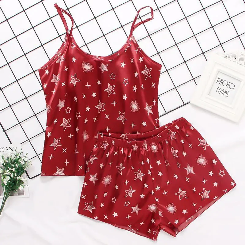 Print Pyjamas Set Womens 2 Pieces Sleepwear Silk Satin Cami Top Shorts Pajamas Summer Pajamas Set