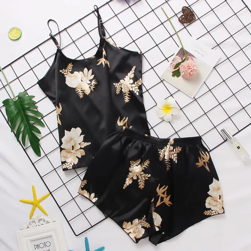 Print Pyjamas Set Womens 2 Pieces Sleepwear Silk Satin Cami Top Shorts Pajamas Summer Pajamas Set