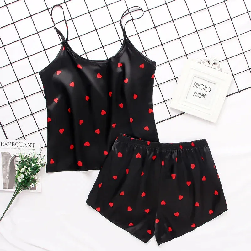 Print Pyjamas Set Womens 2 Pieces Sleepwear Silk Satin Cami Top Shorts Pajamas Summer Pajamas Set