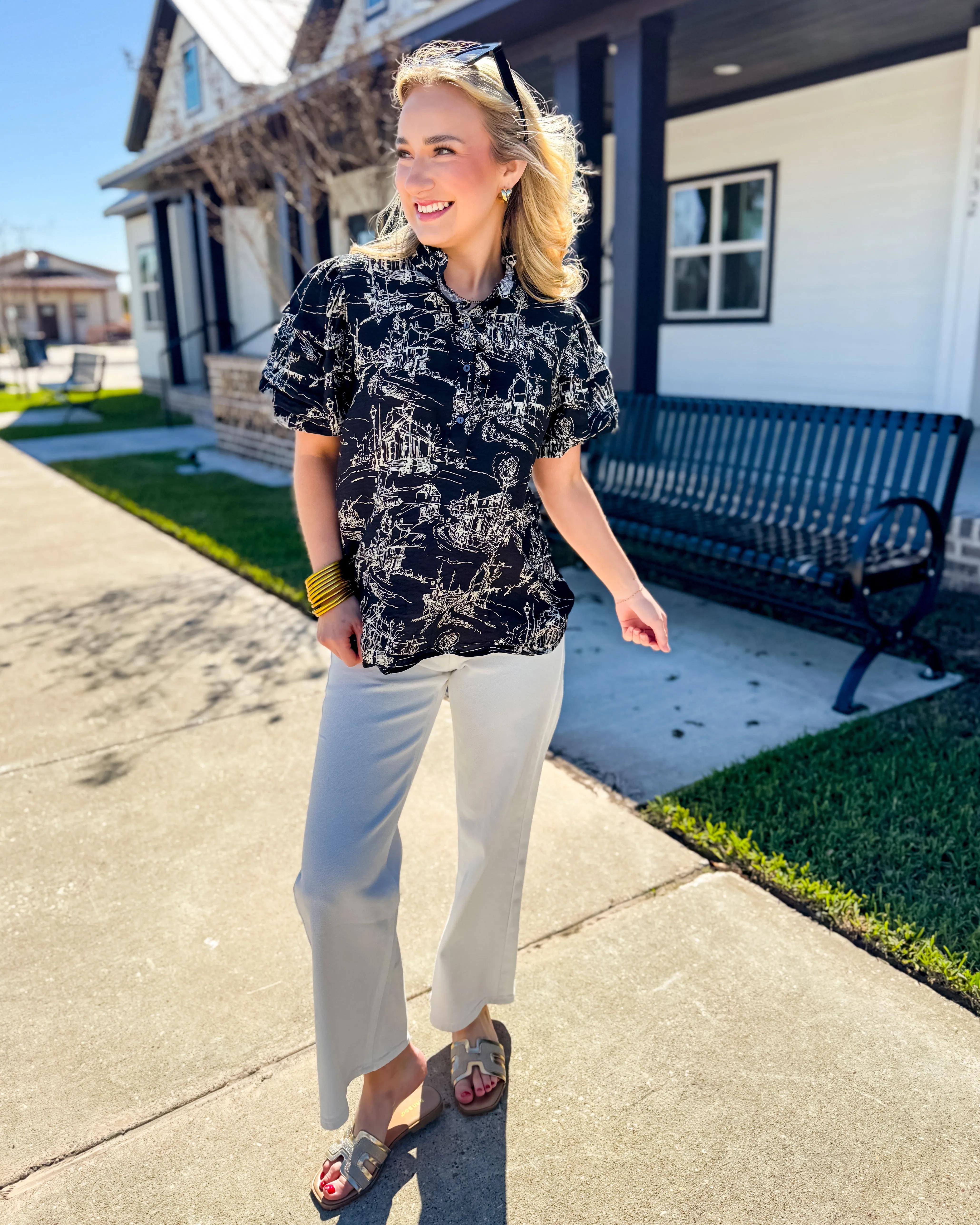 Printed Pintuck Short Sleeve Top