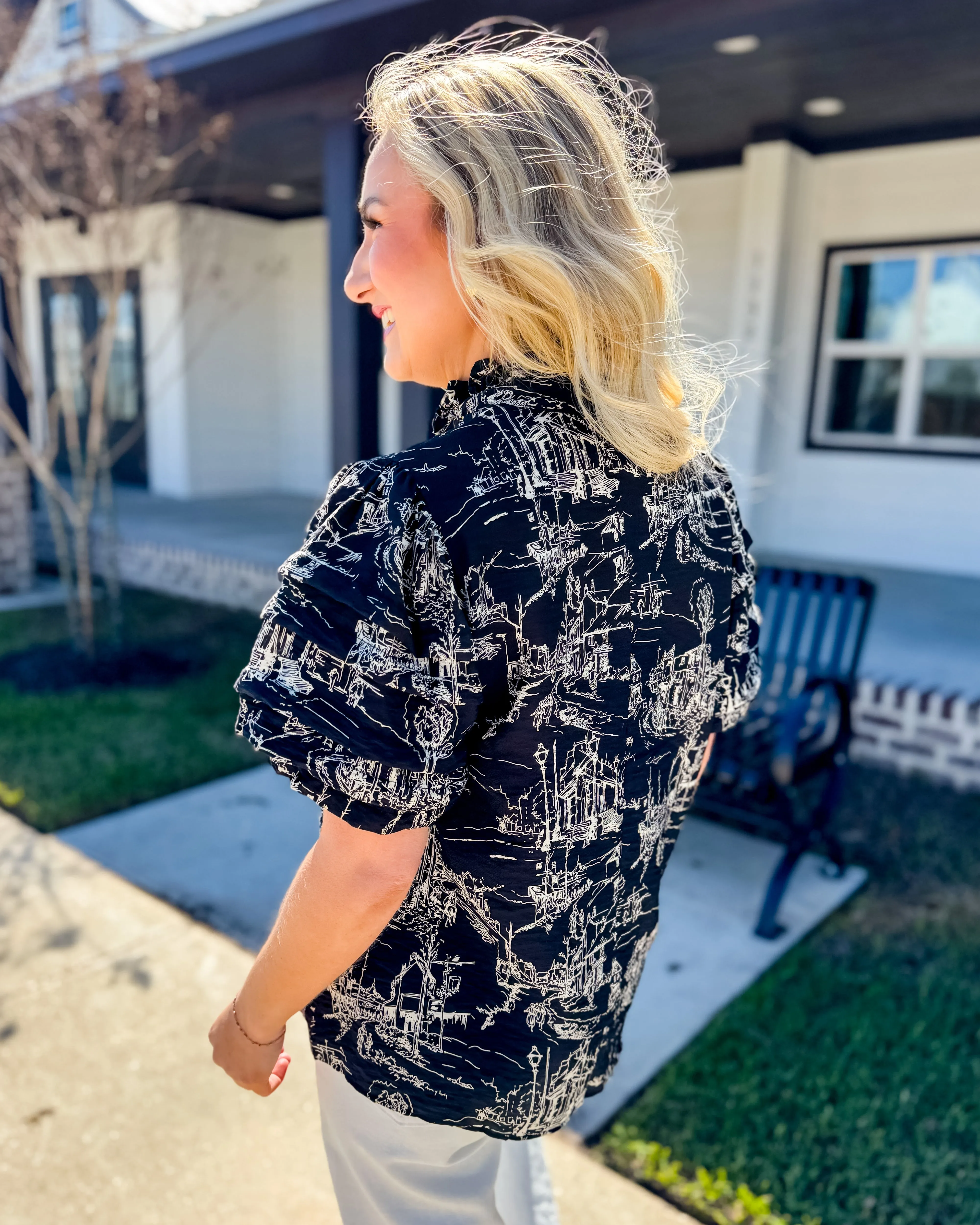Printed Pintuck Short Sleeve Top