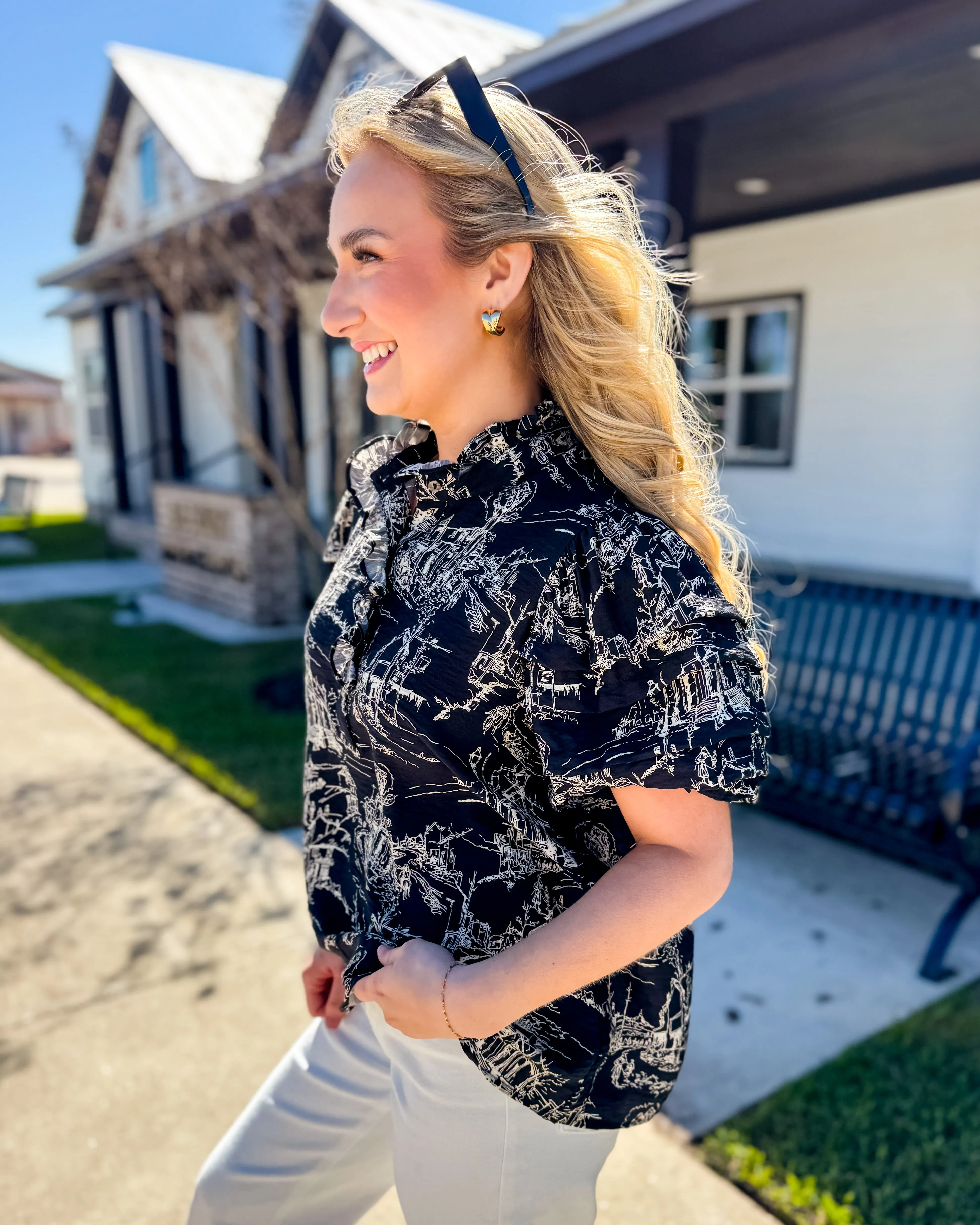 Printed Pintuck Short Sleeve Top