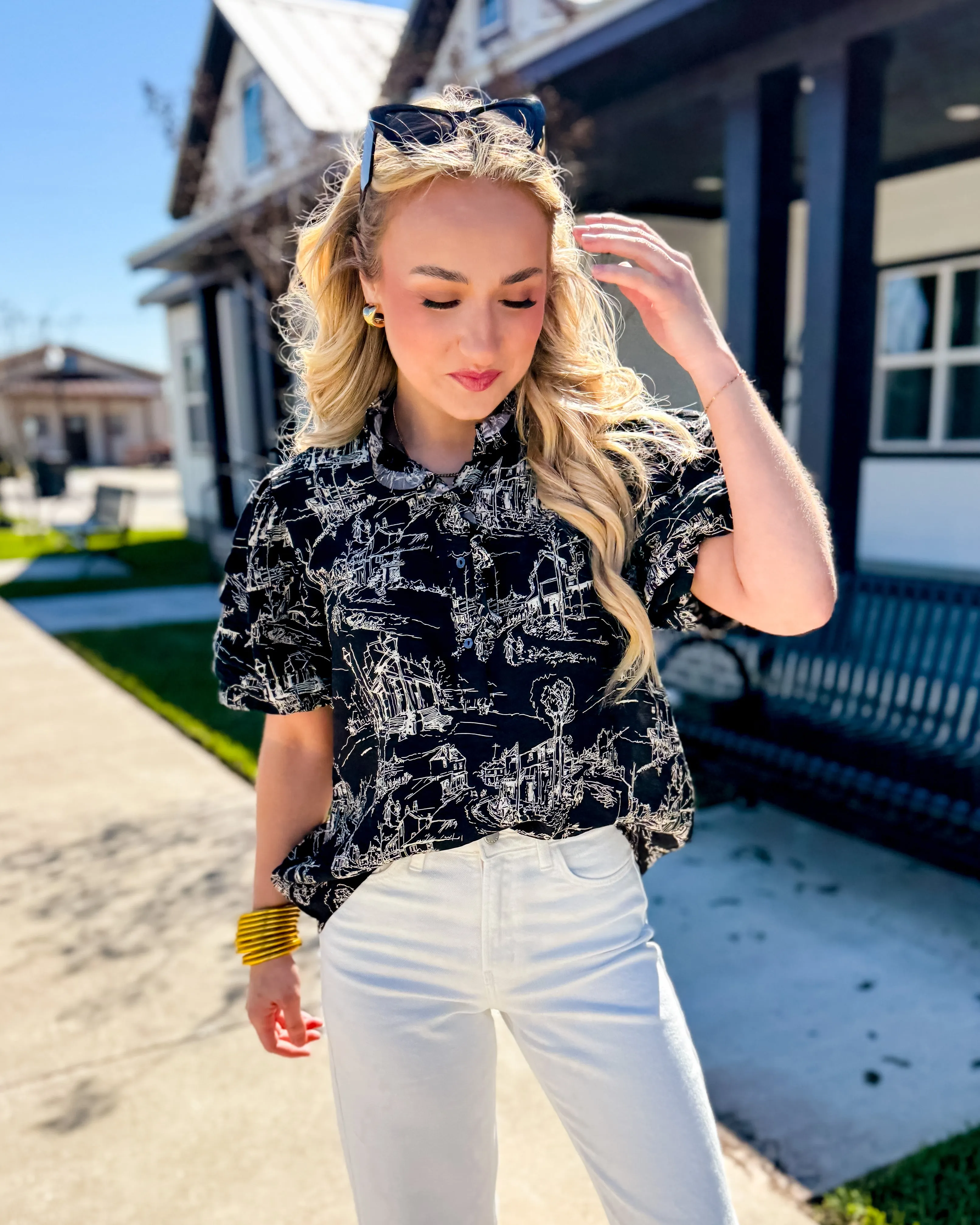 Printed Pintuck Short Sleeve Top