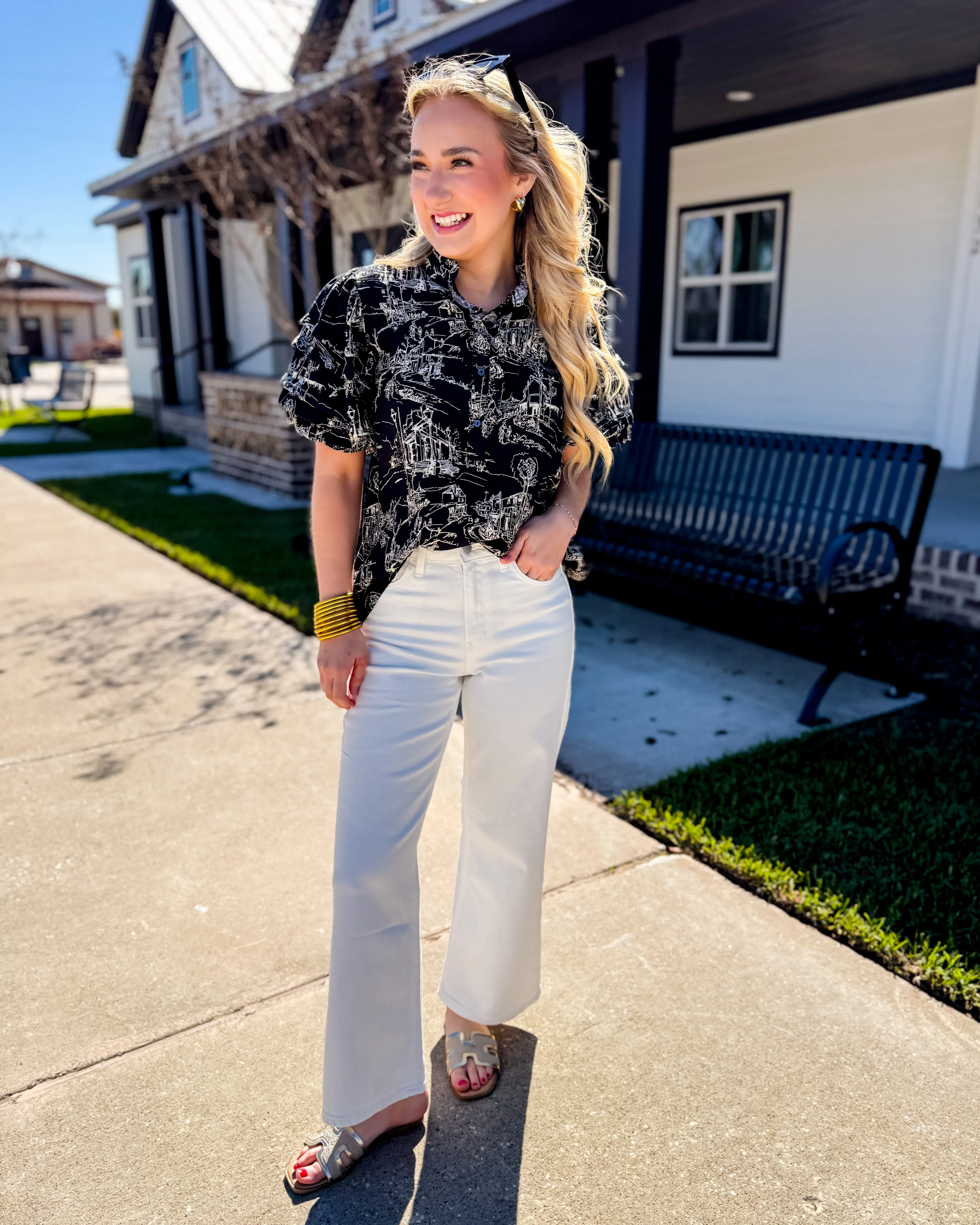 Printed Pintuck Short Sleeve Top