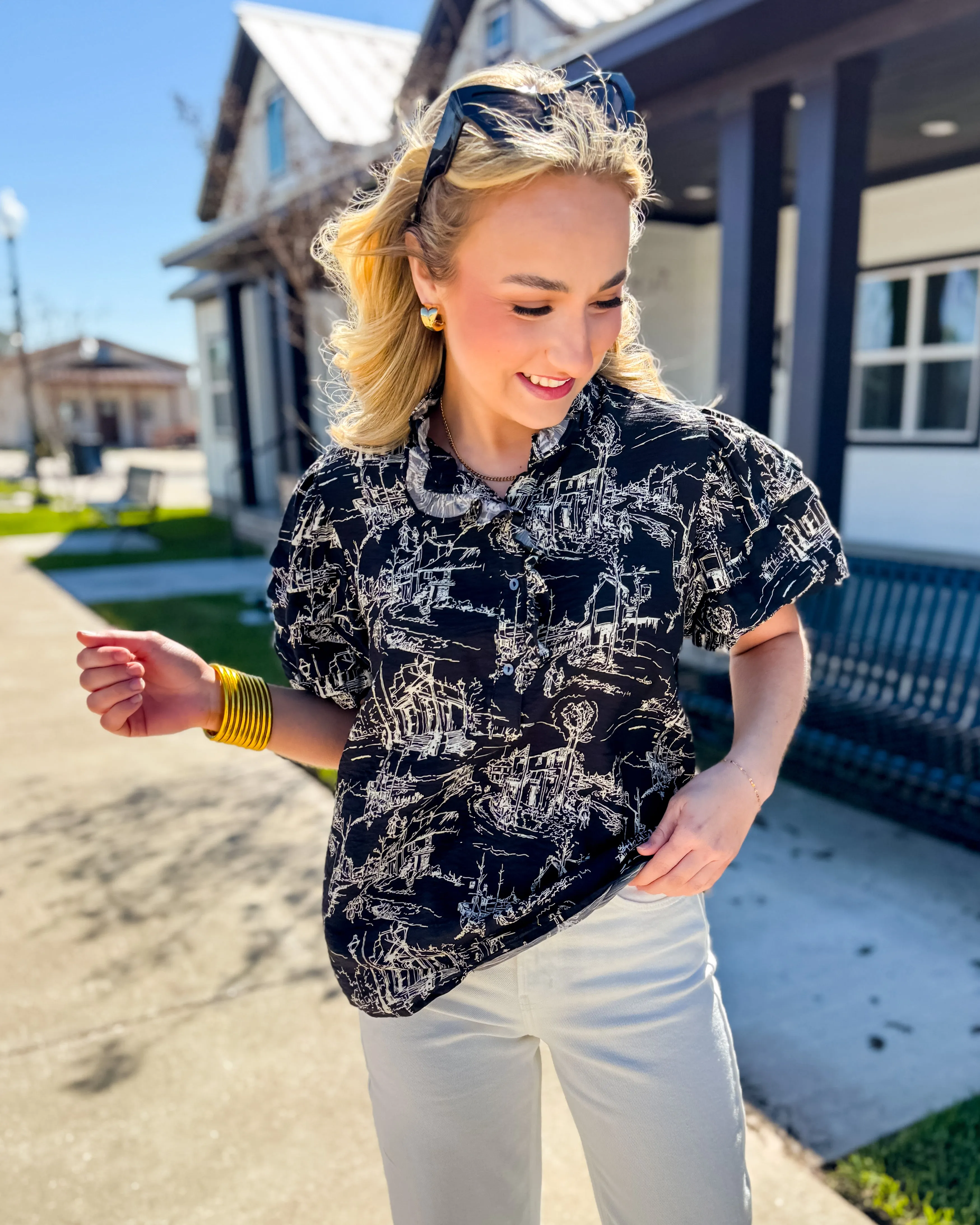 Printed Pintuck Short Sleeve Top