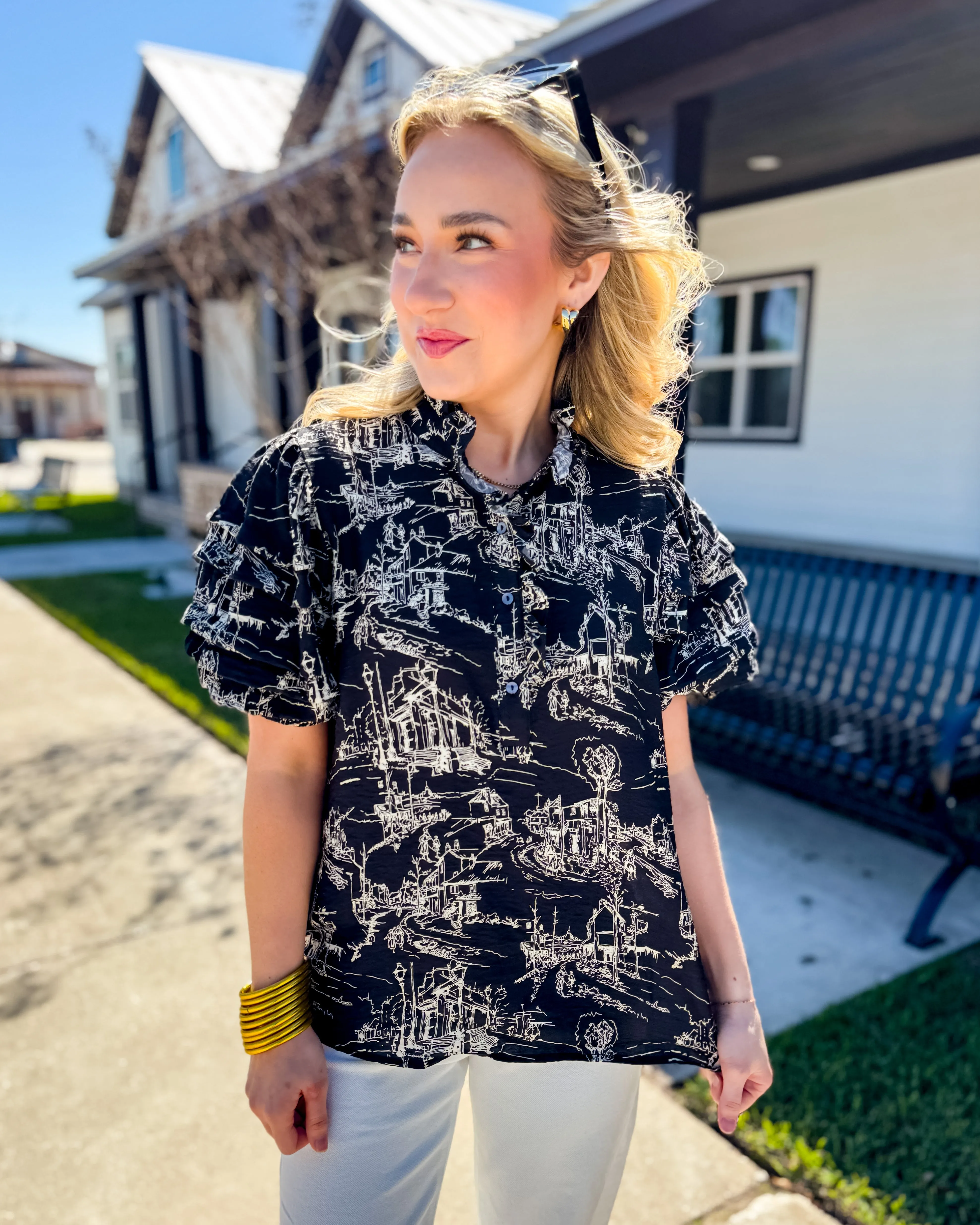 Printed Pintuck Short Sleeve Top