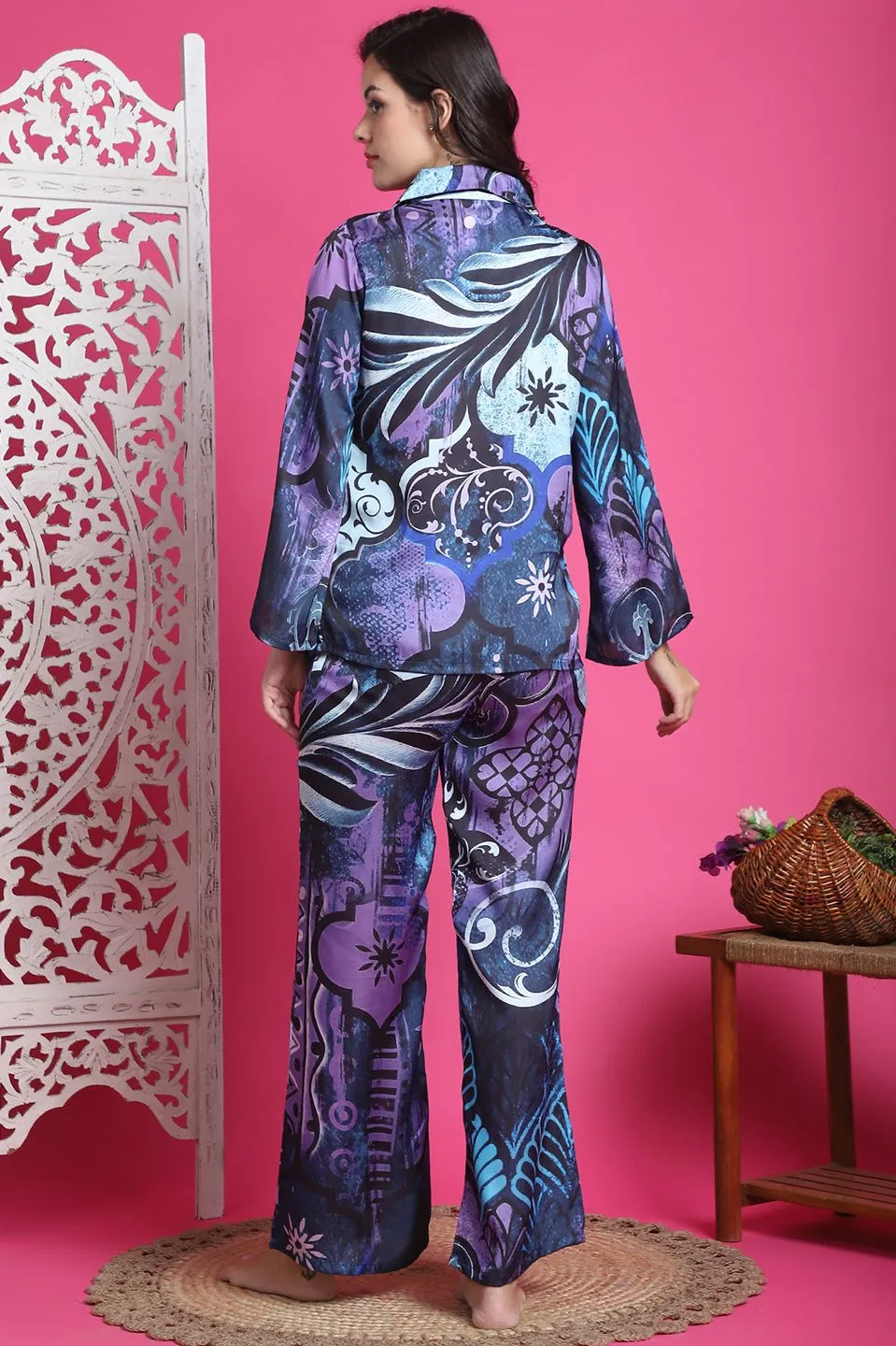 Purple Floral Printed Satin Silk Night Suit for Women | S-XXL | Claura