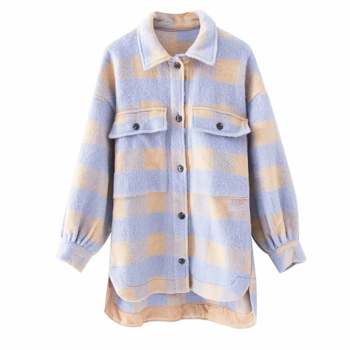 Purple Grid Single-breasted Irregular Hem Coat