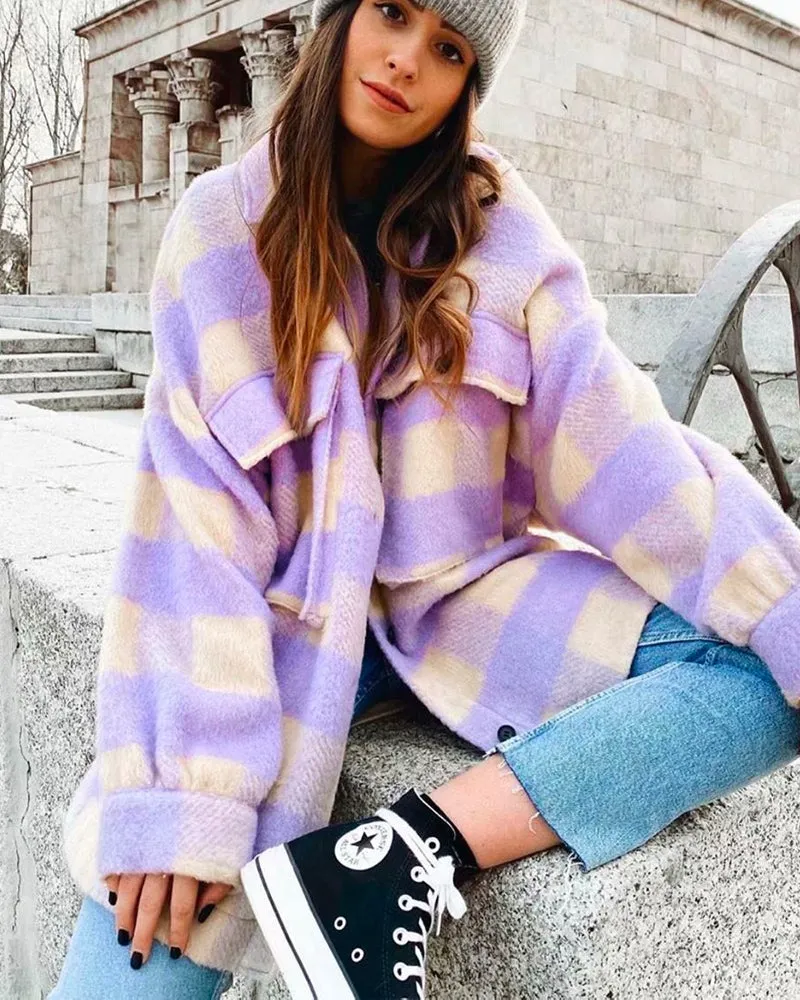 Purple Grid Single-breasted Irregular Hem Coat