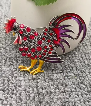 Red Rhinestone Rooster Brooch