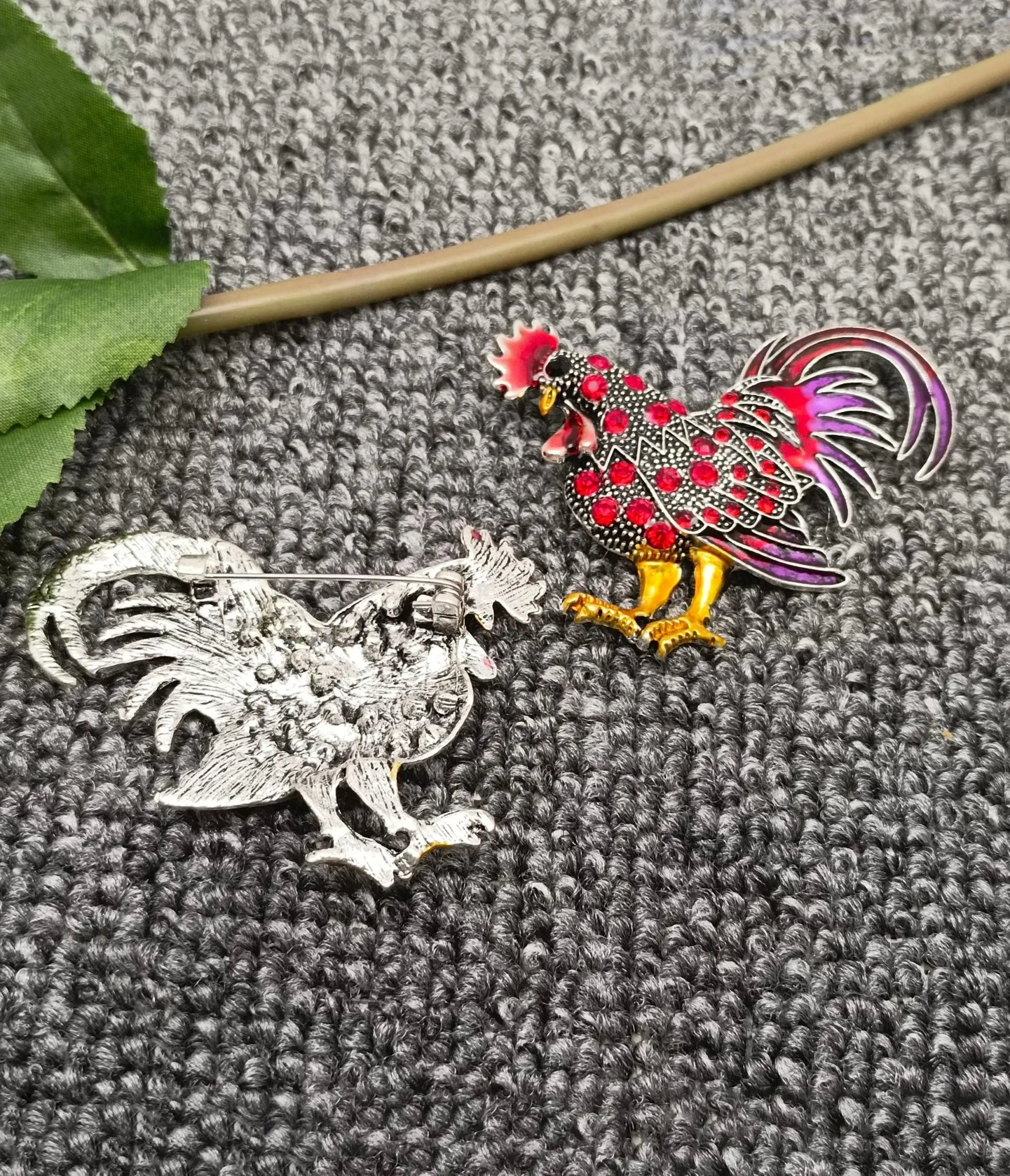 Red Rhinestone Rooster Brooch