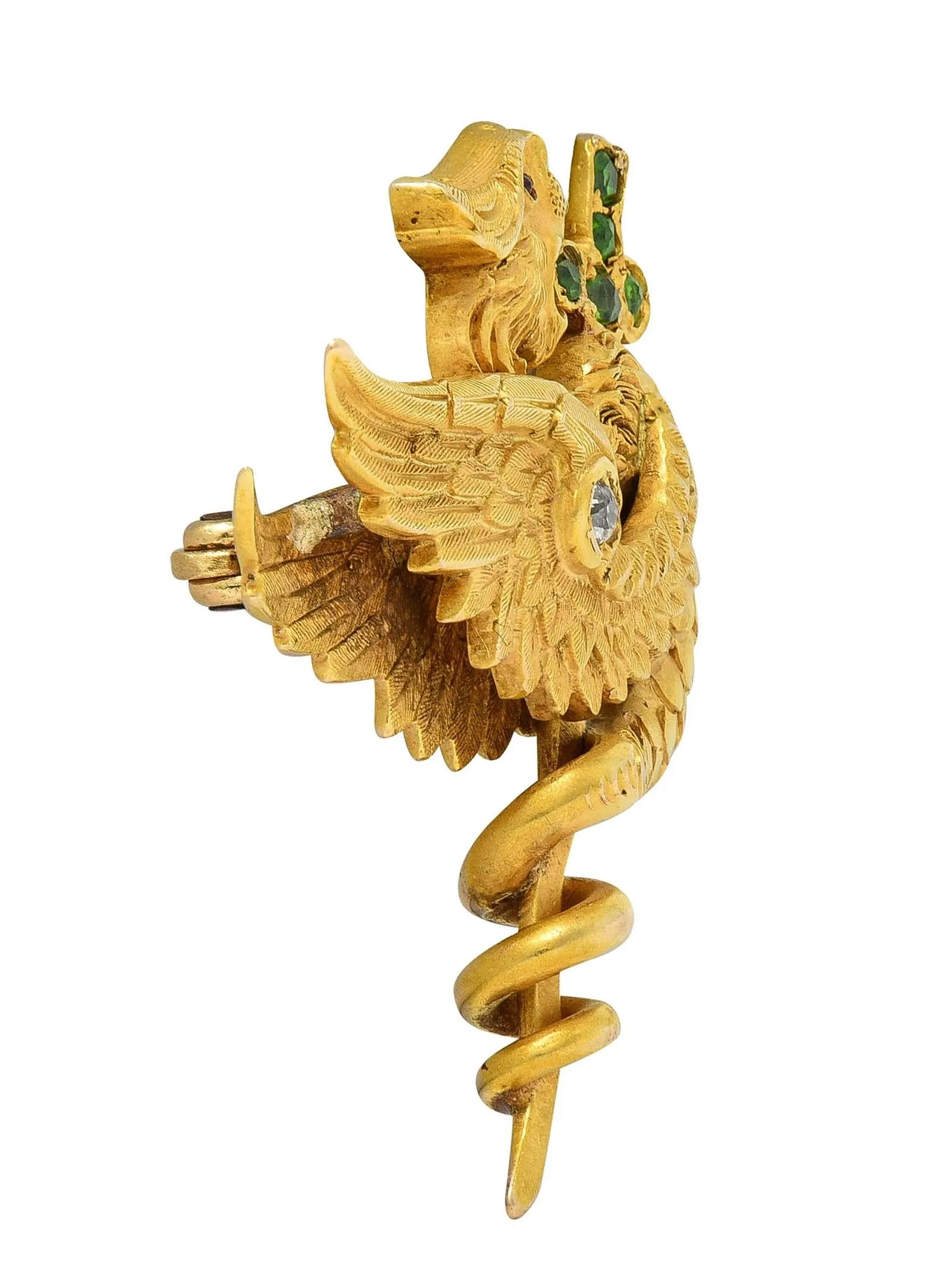 Riker Bros Art Nouveau Diamond Ruby Demantoid 14 Karat Gold Dragon Sword Antique Unisex Brooch