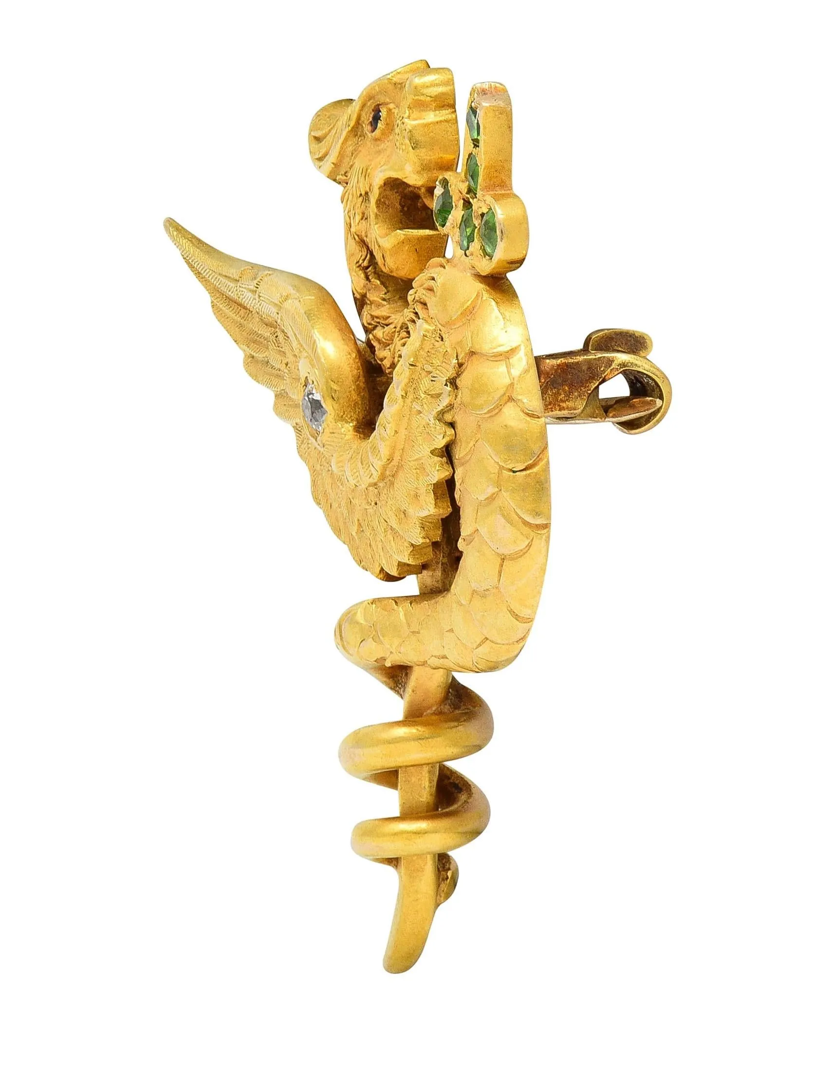 Riker Bros Art Nouveau Diamond Ruby Demantoid 14 Karat Gold Dragon Sword Antique Unisex Brooch