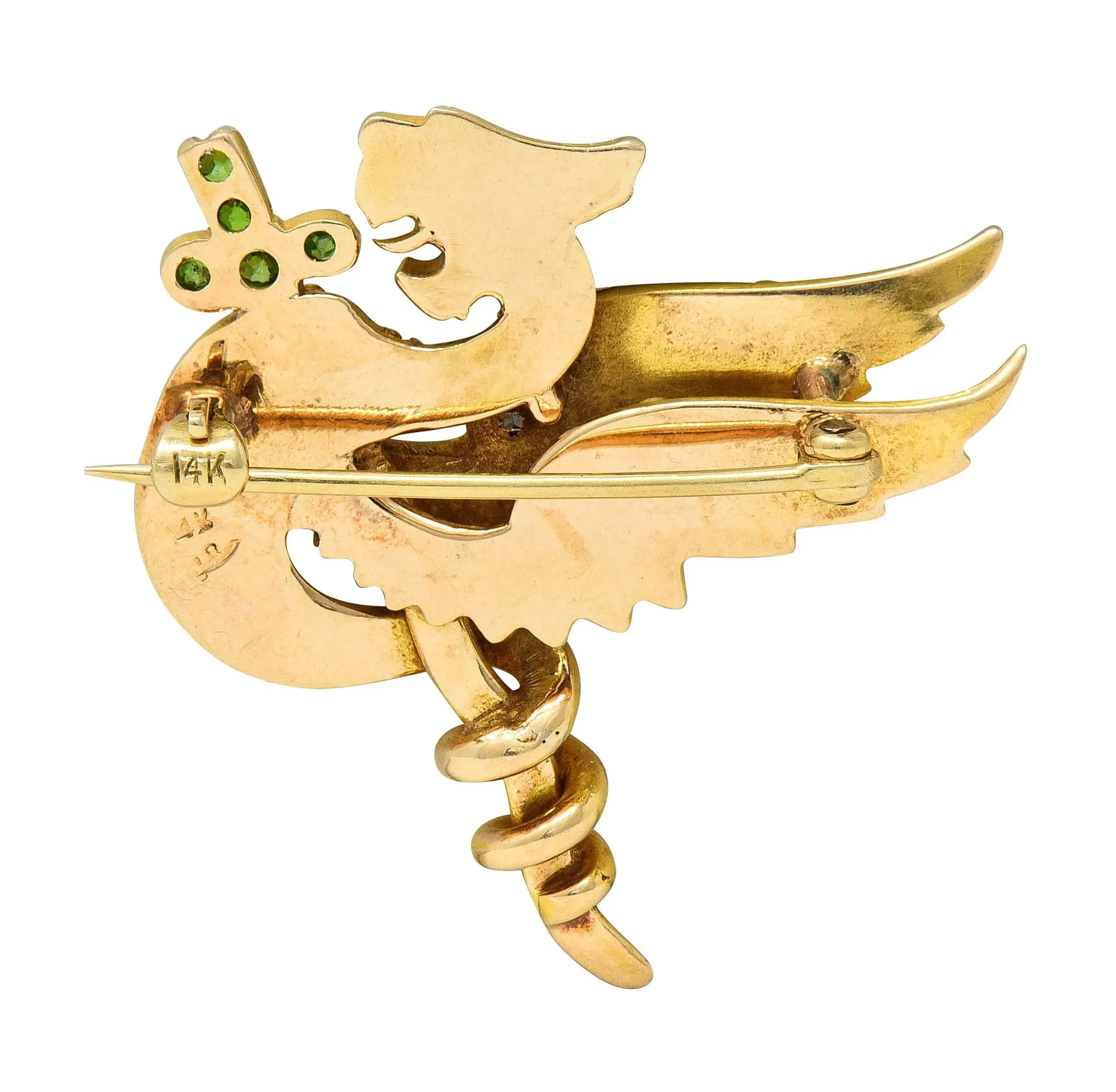 Riker Bros Art Nouveau Diamond Ruby Demantoid 14 Karat Gold Dragon Sword Antique Unisex Brooch