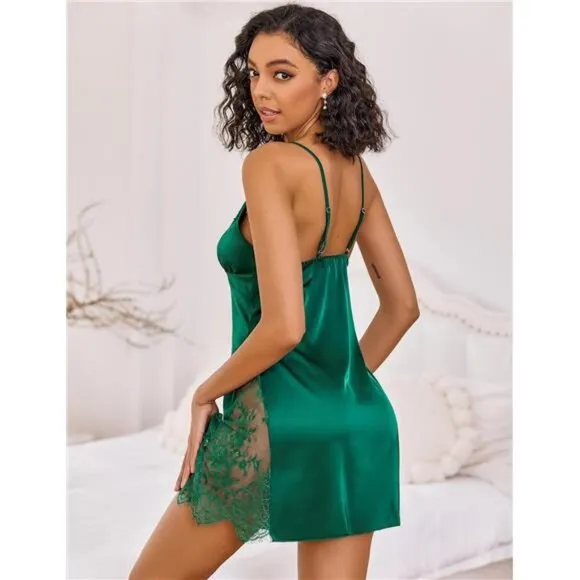Satin Nightgown V Neck Sleepwear Green