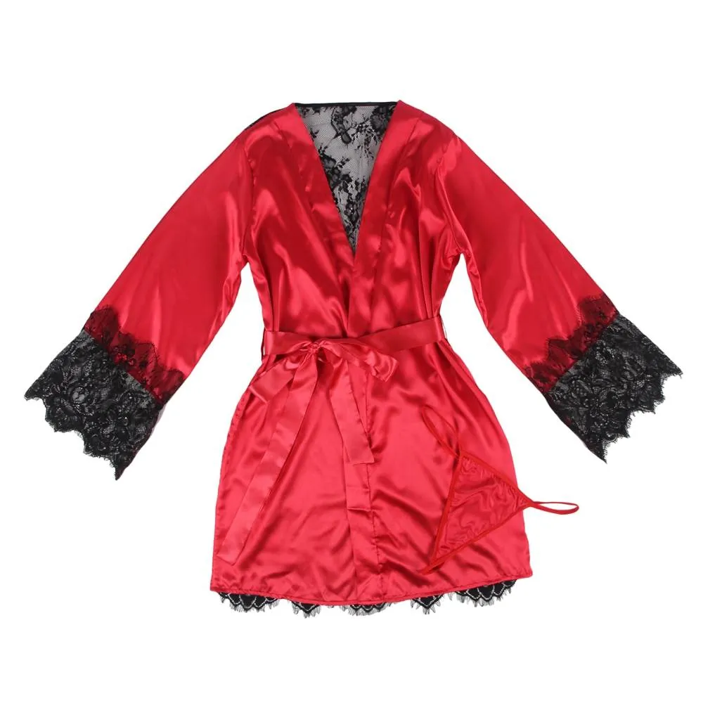 Silk Satin Lace Hollow Out Sexy Egypt Women Kimono Home