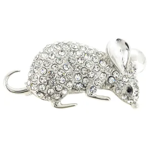 Silver Mouse Crystal Pin Brooch