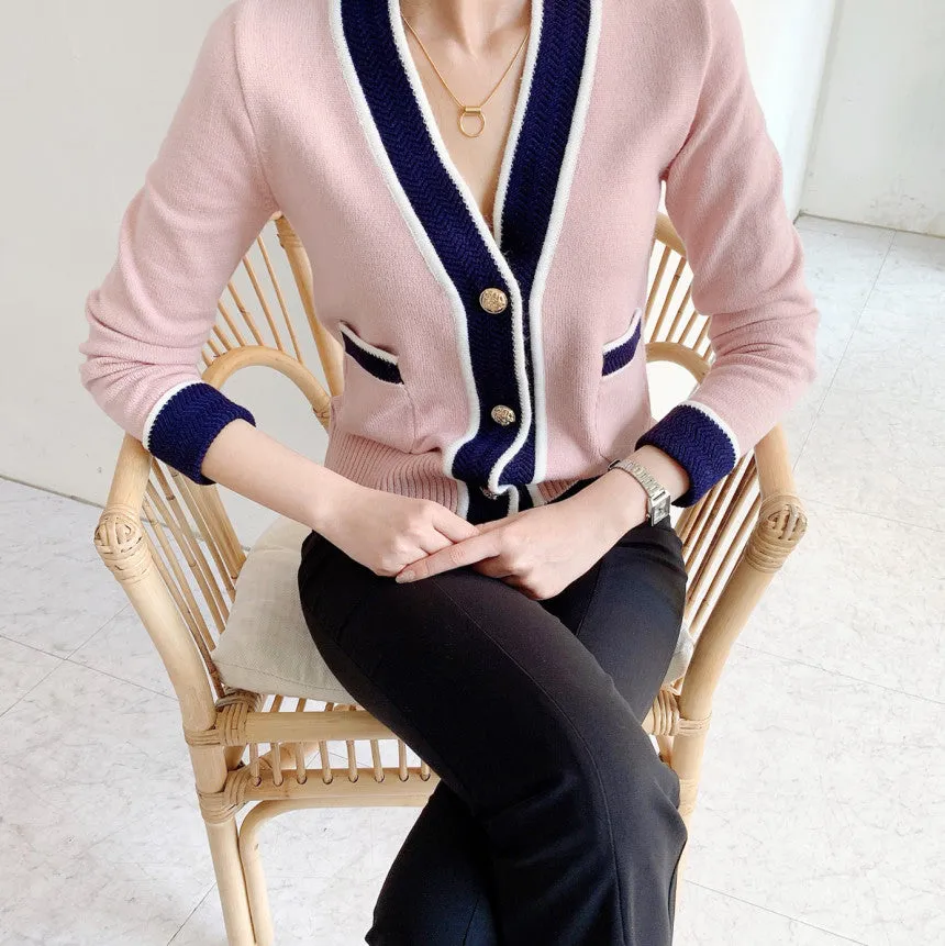 Single-breasted Contrast Knit Splicing Golden Button Sweaters