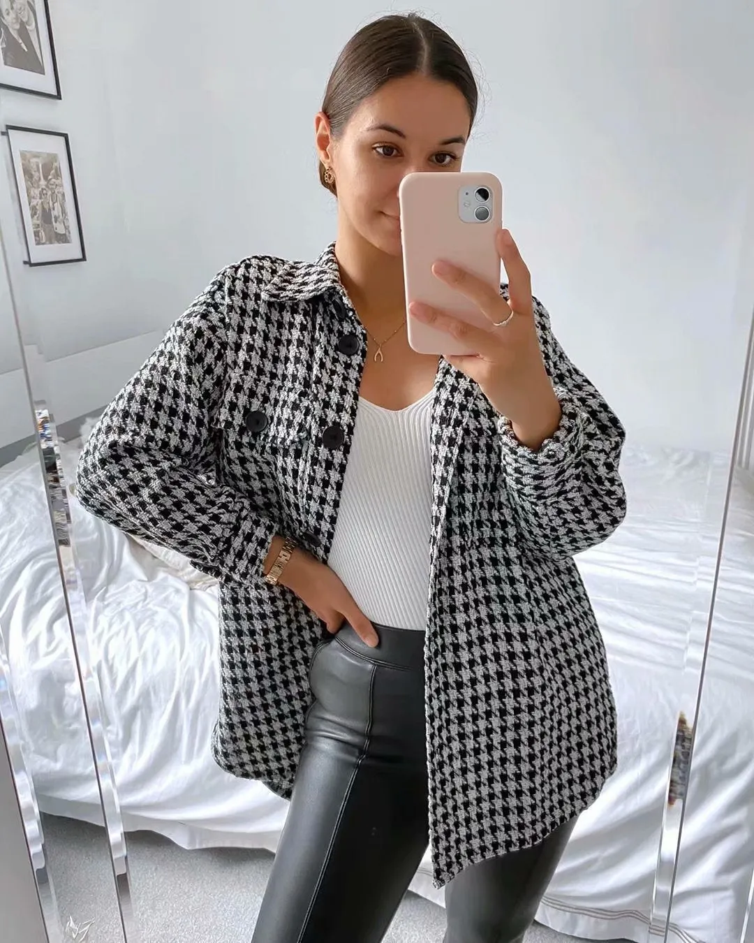 Single-breasted Mid-length Houndstooth Coat Outerwear