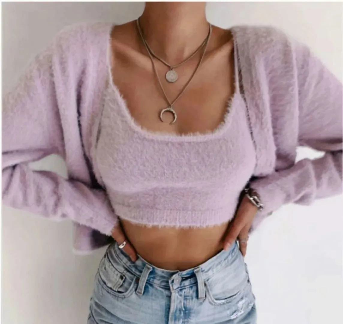 Single-breasted Mohair Camisole Cardigan Two-piece Suit Set