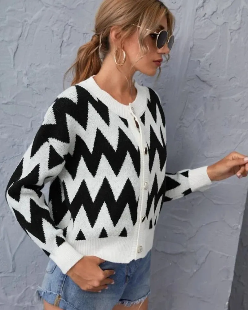 Striped Knit Single-breasted Geometry Sweaters Cardigans