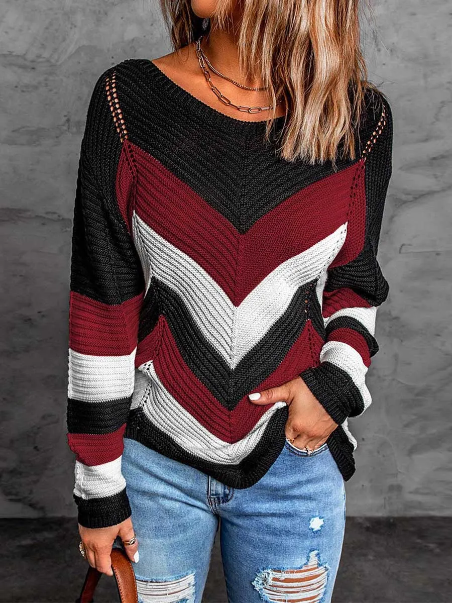 Stunncal Casual Sweet Geometric Patchwork O Neck Sweaters(7 Colors)