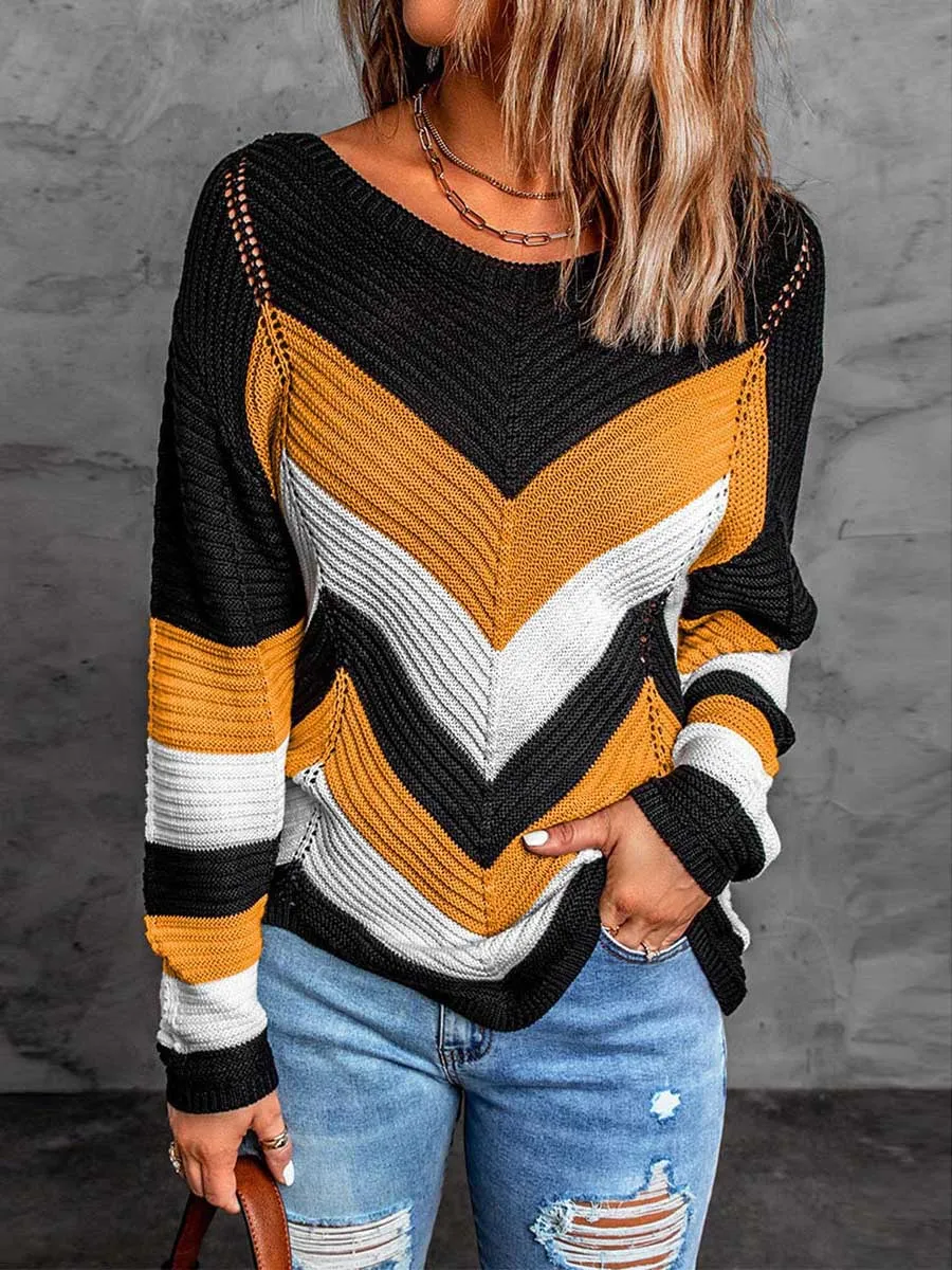Stunncal Casual Sweet Geometric Patchwork O Neck Sweaters(7 Colors)